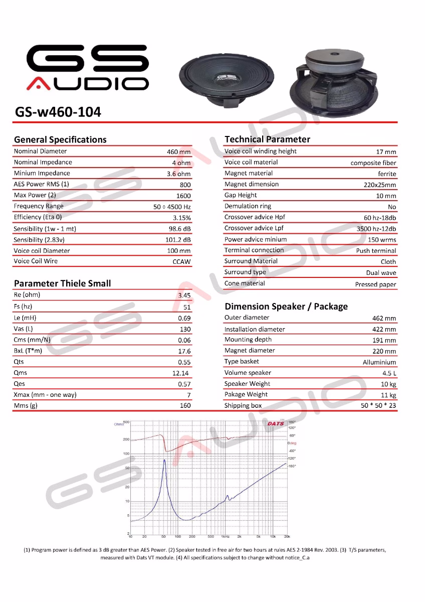 Gs Audio woofer/midrange 460mm/18" coil 100mm - 4/8ohm 800Wrms - 220mm magnet - Image 6